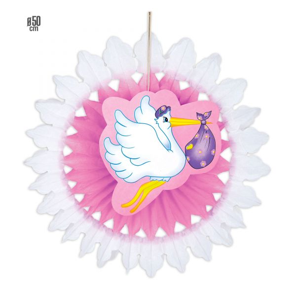 Rosa Papierfächer mit Storch und Baby 50 cm, - Widmann