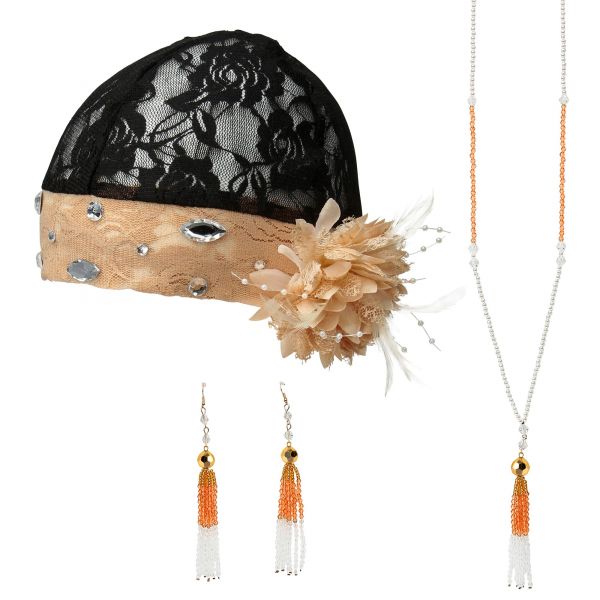 Roaring 20s Flapper Set (Kopfschmuck aus Spitze mit Blume, Paar Perlenohrringe, Perlenkette), - Widmann