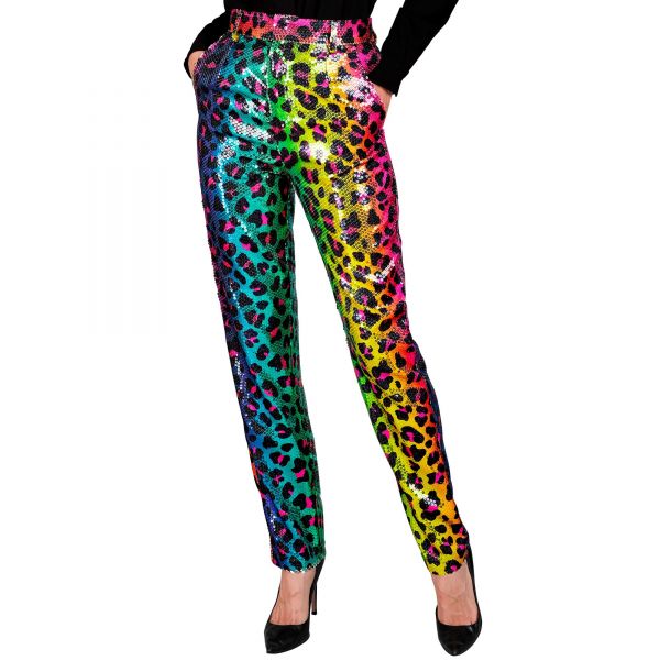 Party Fashion Hose (Paillettenhose in Leopardenmuster Regenbogen), M - Widmann