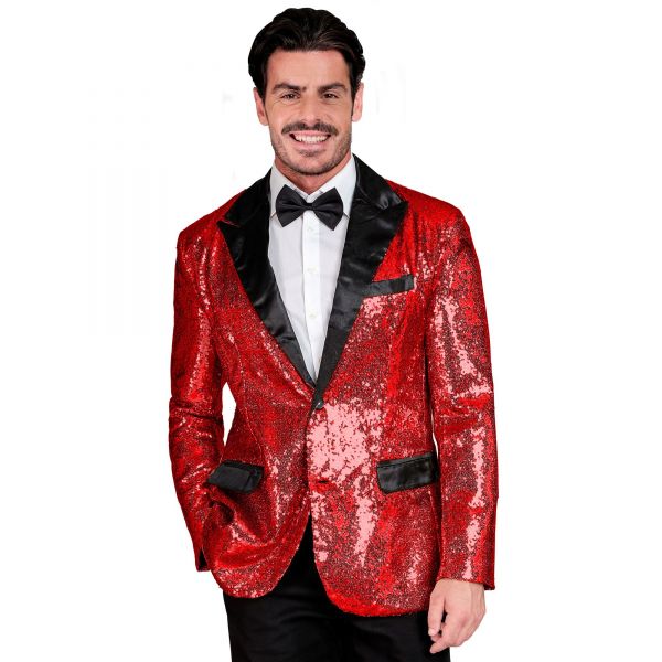 Party Fashion Jackett (Pailletten Jackett mit Satinkragen und -Taschen Rot), S - Widmann