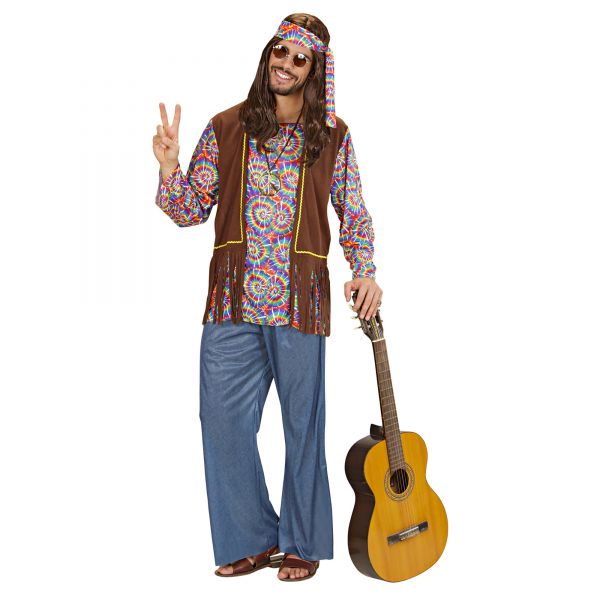 Psychedelic Hippie Man (Hemd mit Weste, Hose, Stirnband, Kette), S - Widmann