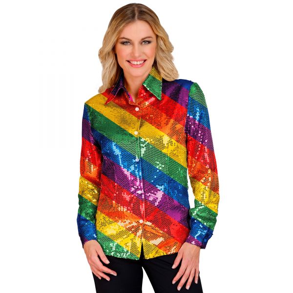 Party Fashion Bluse (Paillettenbluse in Regenbogen Muster), L/XL - Widmann