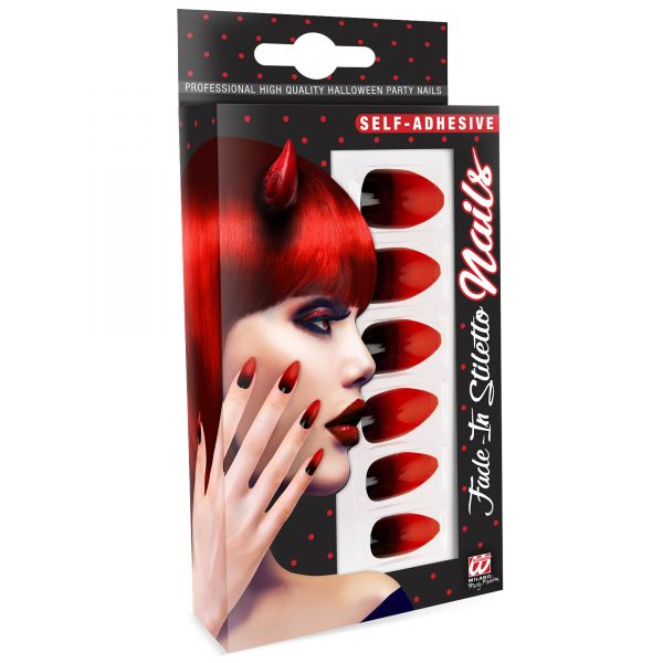 Set von 12 Selbstklebenden Fingernägeln - Stiletto Schwarz / Rot, - Widmann