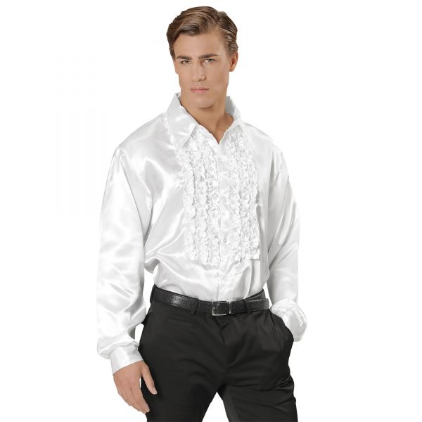 70Er Jahre Disco Fashion - Weiss (Rüschenhemd aus Satin), XL - Widmann