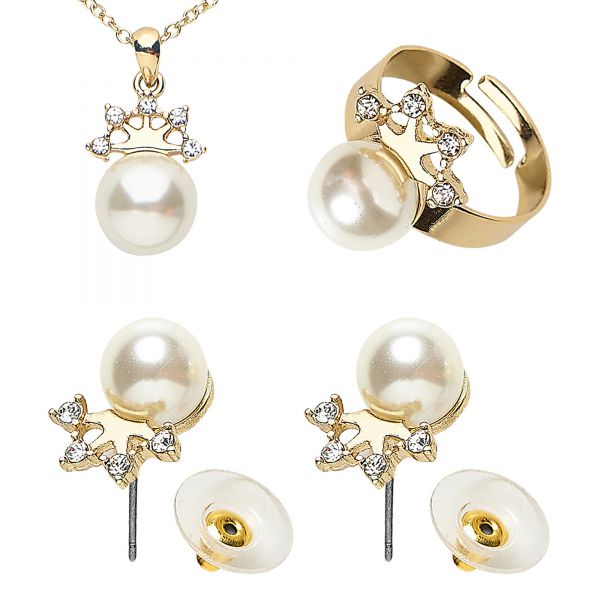 Set mit Goldener Kette, Ohrringe und Ring mit Perlen und Strasskrone, - Widmann