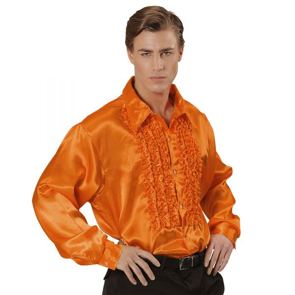 70Er Jahre Disco Fashion - Orange (Rüschenhemd aus Satin), M/L - Widmann