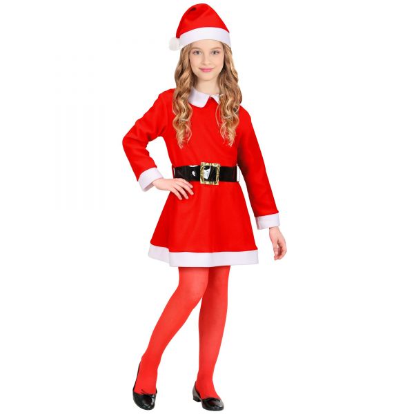 Santa Girl aus Flanell (Kleid, Gürtel, Hut), 116 cm / 4-5 Jahre - Widmann