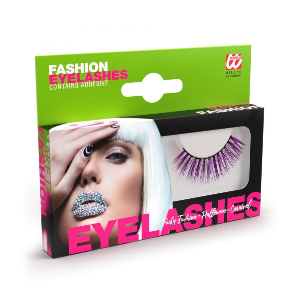 Violette Holographische Fashion Wimpern mit Klebstofftube, - Widmann