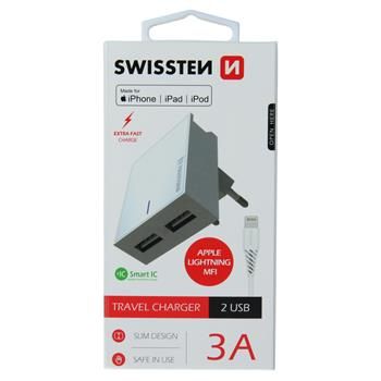 SWISSTEN TRAVEL CHARGER SMART IC MIT 2x USB 3A POWER + DATA CABLE USB / LIGHTNING MFi 1,2 M WEISS - Swissten