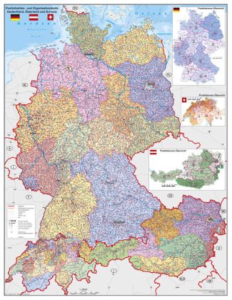 Stiefel Wandkarte Großformat Deutschland, Österreich und Schweiz, Postleitzahlen- und Organisationsk