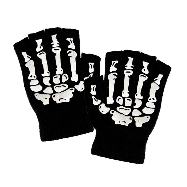 Fingerlose Handschuhe mit Skelettaufdruck aus Wolle, One Size - Widmann