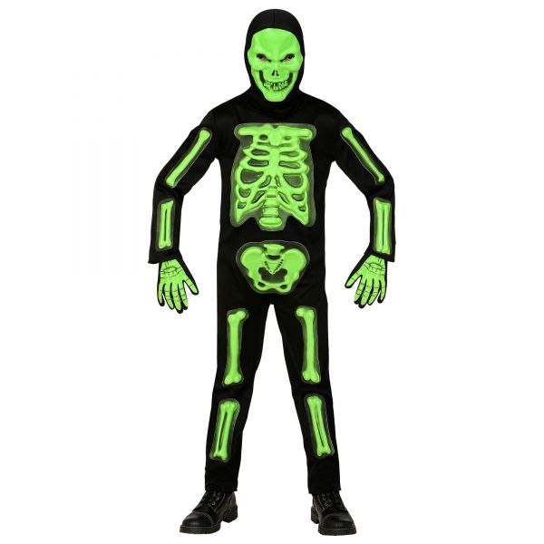 3D Skelett (Overall, Maske mit Kapuze, Handschuhe), 116 cm / 4-5 Jahre - Widmann