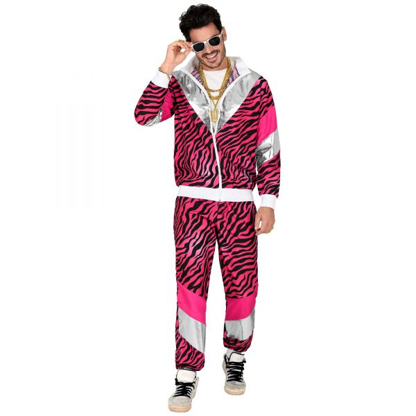 80er Jahre pinker Tigerprint Trainingsanzug (Oberteil, Hose), XXL - Widmann