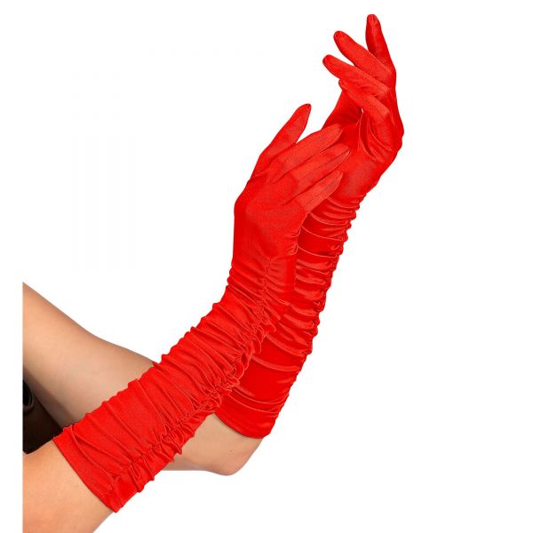 Geraffte rote Satin Handschuhe in Elasthan 44 cm, - Widmann