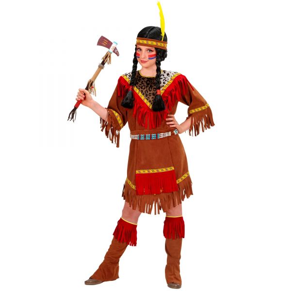 Indianerin (Kleid, Schürze, Überstiefel, Stirnband mit Feder), 128 cm / 5-7 Jahre - Widmann
