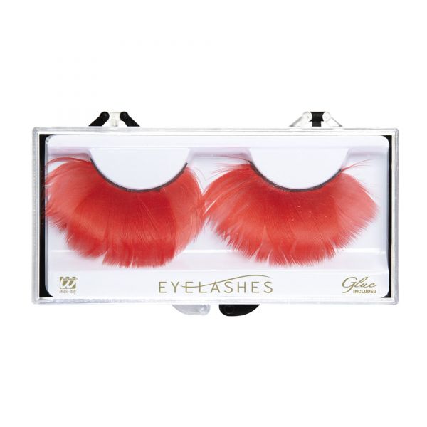 Wimpern aus roten Federnmit Klebstoff in Glassflasche, - Widmann