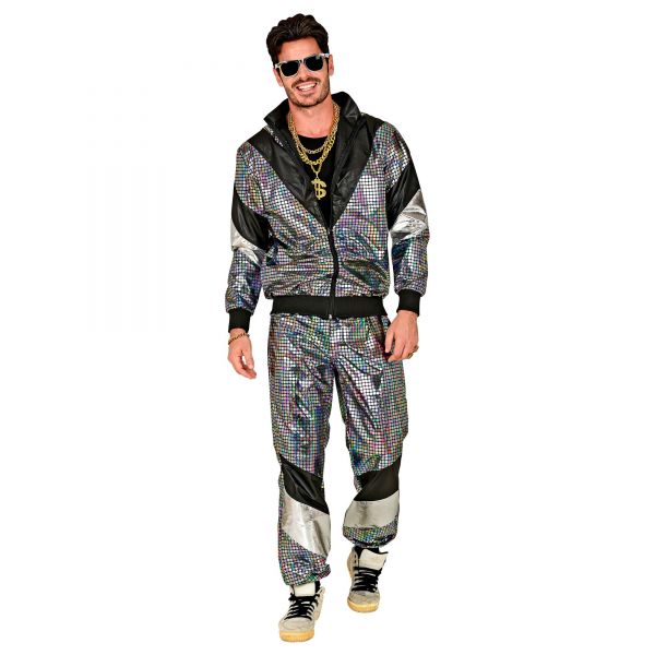 80er Jahre Silber Reflektierender Trainingsanzug (Oberteil, Hose), XXL - Widmann