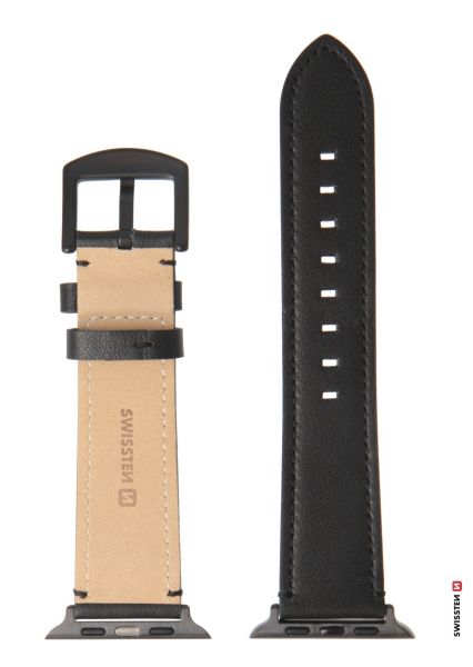 Swissten Lederarmband für Apple Watch 42 / 44 / 45 / 49 mm Schwarz (Schwarz buckle und Schwarz lug) - Swissten
