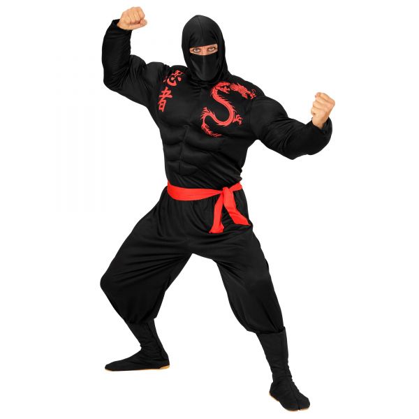 Super Muskel Ninja (Muskelshirt mit Kapuze, Gesichtsmaske, Hose, Gürtel), M - Widmann