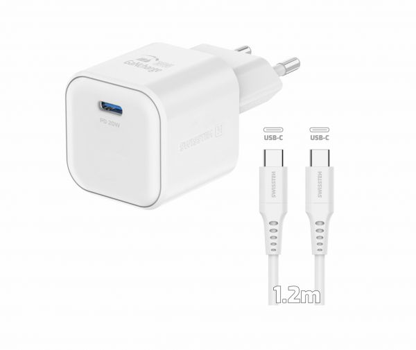 Swissten Travel Charger GaN 1x USB-C 20W PD Weiss + Datenkabel USB-C/USB-C 1,2 M Weiss - Swissten