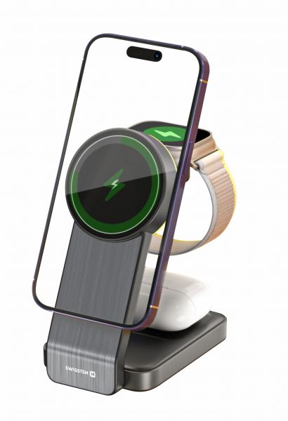 Swissten klabbares Wireless CHARGER MagFold 3in1 25W Schwarz (MagSafe kompatibel) - Swissten