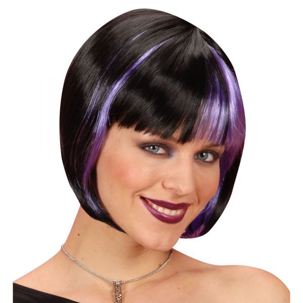 Perücke Zoey Schwarz mit Lila Strähne -, - Widmann