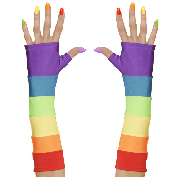Fingerlose Satinhandschuhe in Regenbogenfarbe - 33 cm, One Size - Widmann