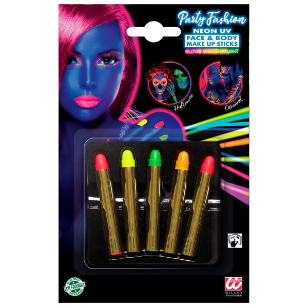 Set von 5 Neon Schminkstiften - 15 G, - Widmann