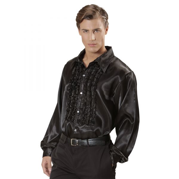 70Er Jahre Disco Fashion - Schwarz (Rüschenhemd aus Satin), XXL - Widmann