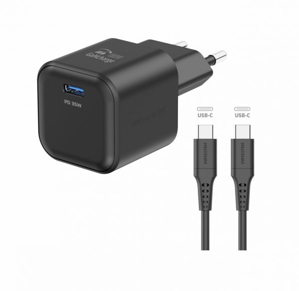Swissten Travel Charger GaN 1x USB-C 35W PD Schwarz + Datenkabel USB-C/USB-C 1,2 M Schwarz - Swissten
