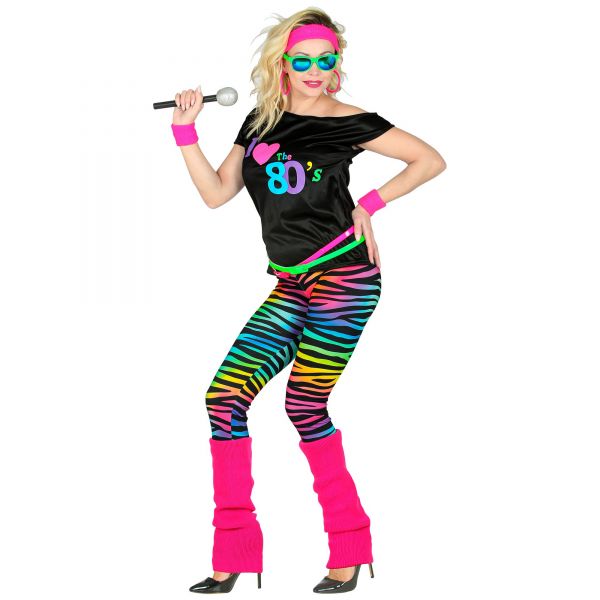 80er Jahre Mode (Ärmelloses Shirt, Leggings, Beinstulpen, Stirnband, 2 Armbänder ), XS - Widmann