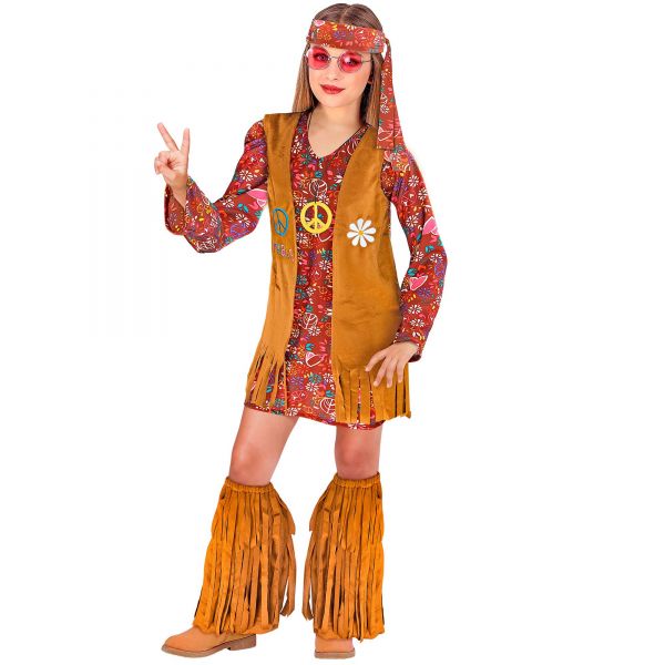 Hippie (Kleid, Weste, Stirnband, Stiefelüberzieher mit Fransen), 158 cm / 11-13 Jahre - Widmann
