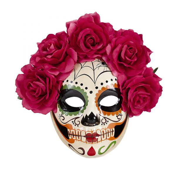 Maske Dia De Los Muertos Dekoriert mit roten Rosen, - Widmann