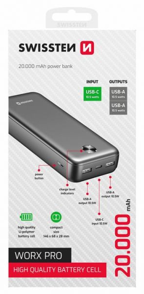 Swissten Powerbank 20000 mAh (10.5 Watt) Worx Pro, Schwarz - Swissten