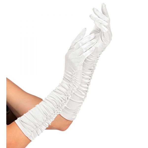 Geraffte Weisse Satin Handschuhe in Elasthan 44 cm, - Widmann