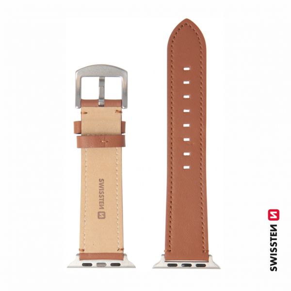 Swissten Lederarmband für Apple Watch 42 / 44 / 45 / 49 mm BROWN (silver buckle und silver lug) - Swissten