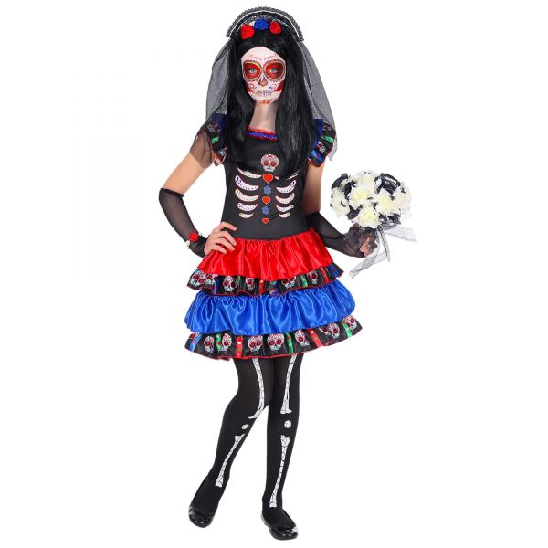 Mujer Dia De Los Muertos (Kleid, Armstulpen, Haarreif mit Schleier), 128 cm / 5-7 Jahre - Widmann